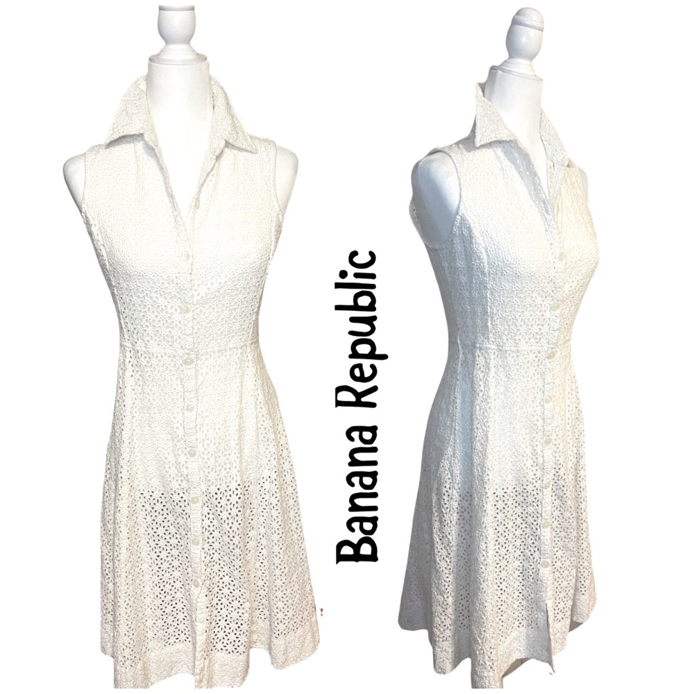 BANANA REPUBLIC - Sleeveless White Eyelet Button down A-Line Dress. Size 6 - Picture 3 of 12